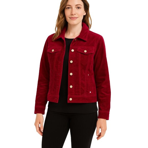Chicos Red Velvet Moto Jean Jacket Womens Size 1 (8/10) Snap Front Soft Holiday - Picture 1 of 12